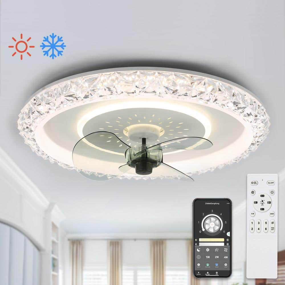 Bella Depot 20 in Indoor Crystal White Ceiling Fan with Integrated LED Light 6-Speed Low Profile Fandelier Smart Remote App