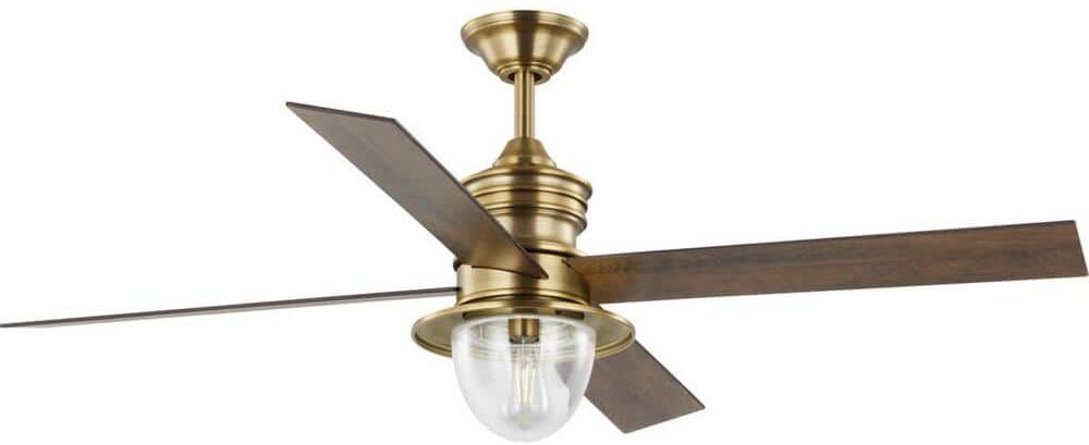 Progress Lighting Gillen 56 in. LED Indoor/Outdoor Vintage Brass Vintage Electric Ceiling Fan with Light Kit and Clear Glass Shade