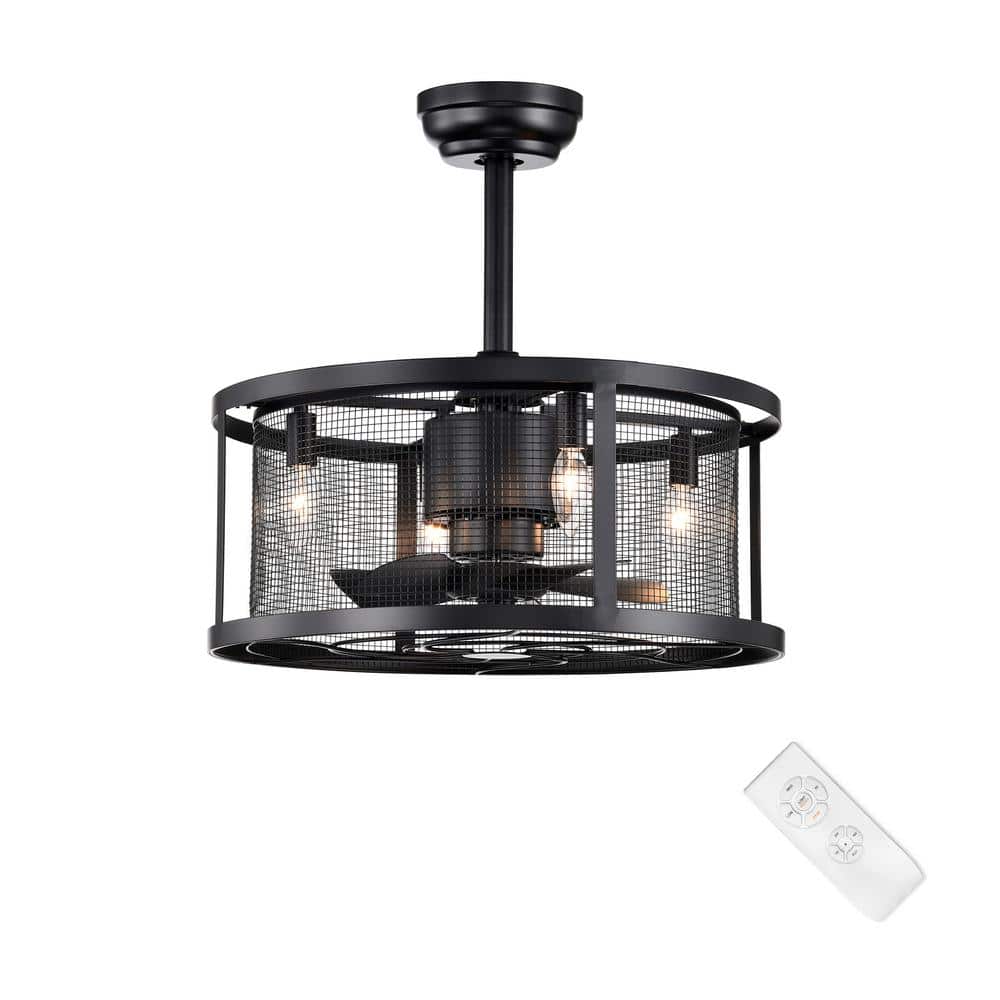Edvivi 20 in. Industrial Indoor Matte Black Drum Reversible Ceiling Fan with Light Kit and Remote Control
