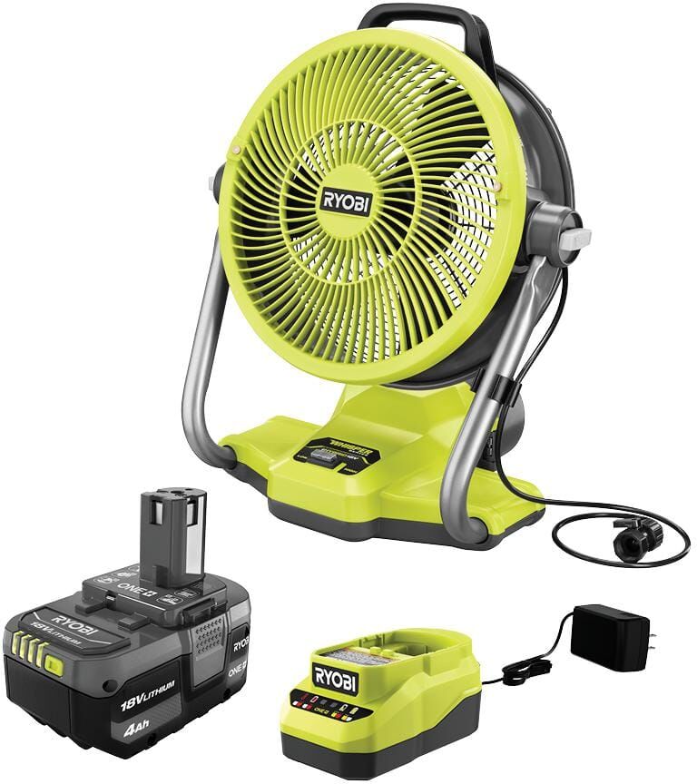 RYOBI ONE+ 18V Cordless Hybrid WHISPER SERIES 12 in. Misting Air Cannon Fan Kit with 4.0 Ah Battery and Charger