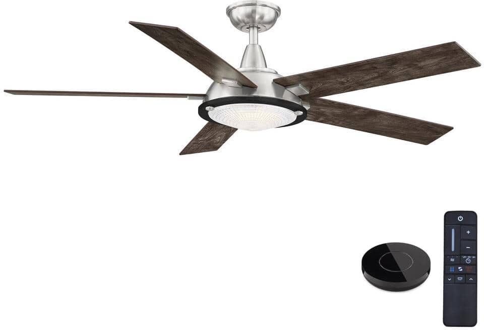 Home Decorators Collection Merienda 56 in. LED Brushed Nickel Ceiling Fan with Light and Remote Control works with Google and Alexa