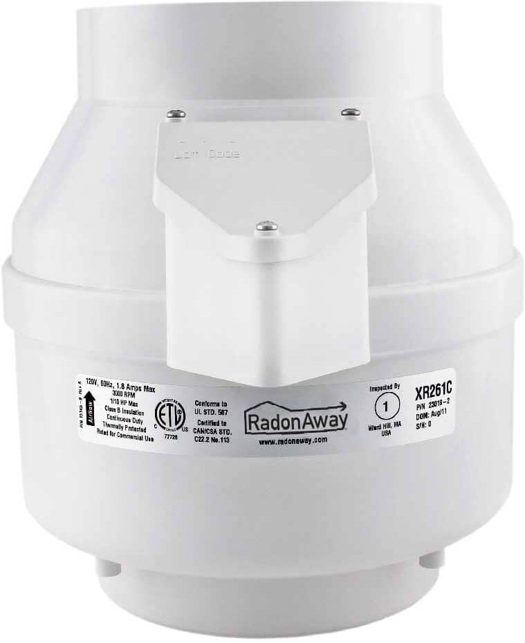 RadonAway XR261 6 in. Inlet and Outlet Inline Radon Fan in White with 1.6 in. Maximum Operating Pressure