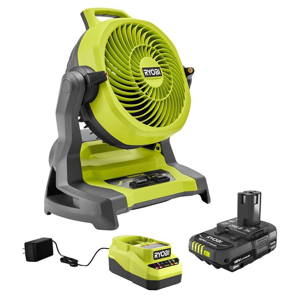 RYOBI ONE+ 18V Cordless 7-1/2 in. Bucket Top Misting Fan with 2.0 Ah Compact Battery and Charger Starter Kit
