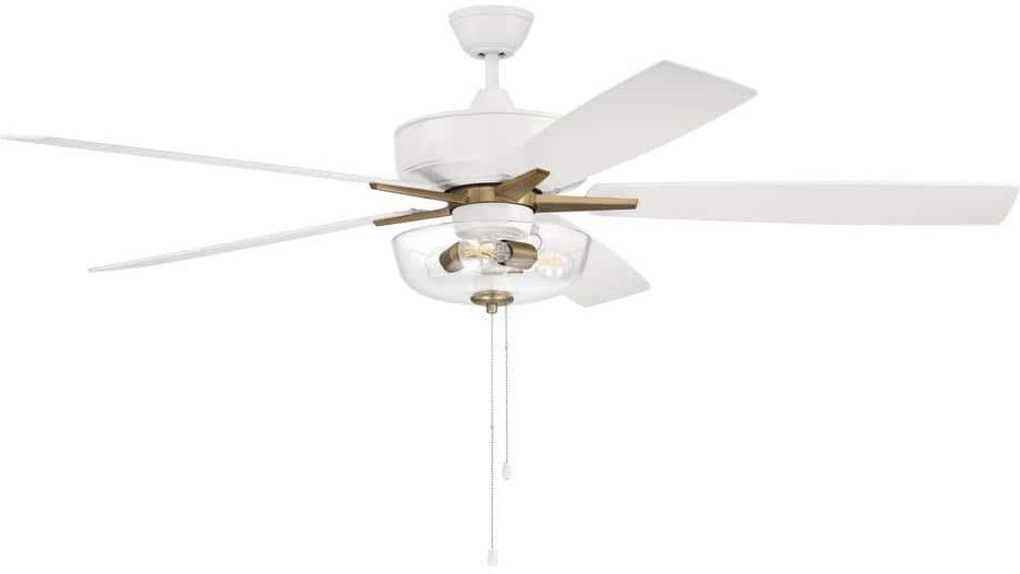 CRAFTMADE Super Pro-101 60 in. Indoor White/Satin Brass Heavy-Duty Dual Mount Ceiling Fan with Clear Glass Bowl Light Kit Included