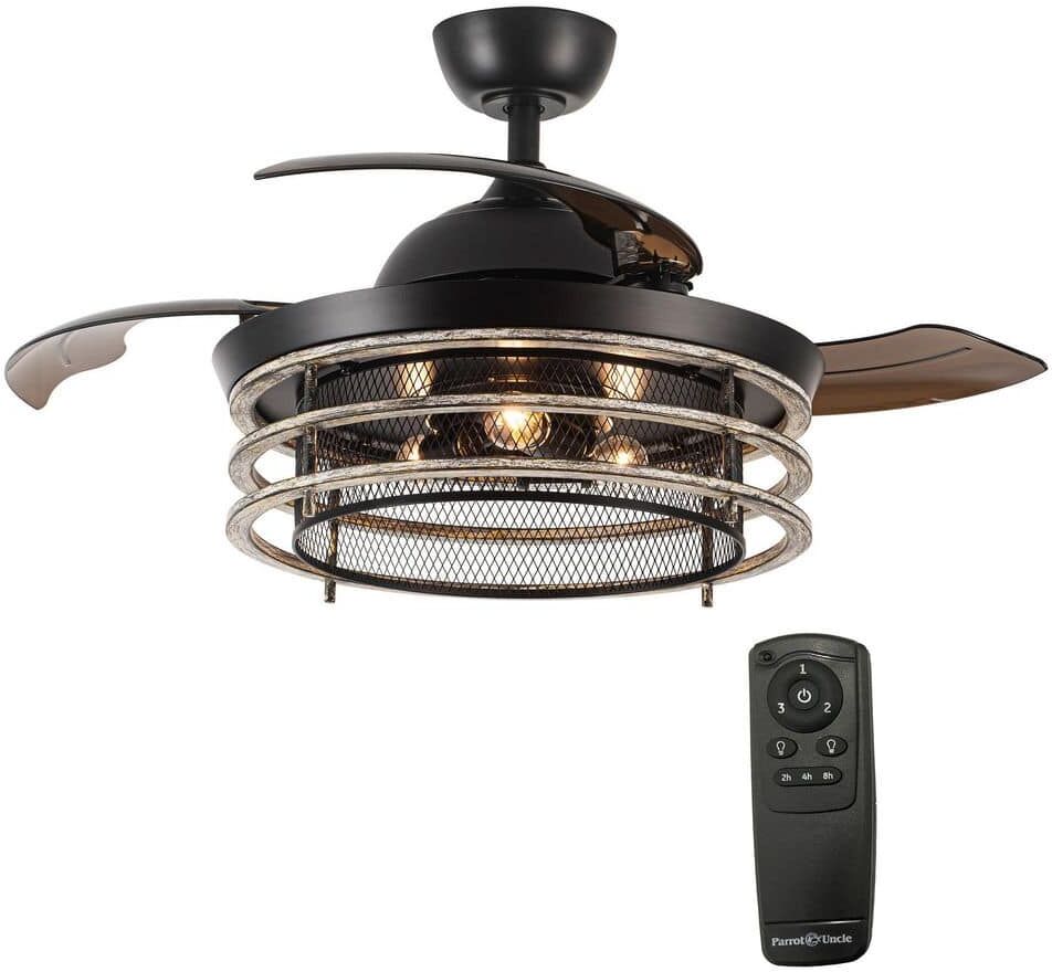 Parrot Uncle 42 in. Industrial Retractable 3-Blade Matte Black Ceiling Fan with Remote Control and Light Kit