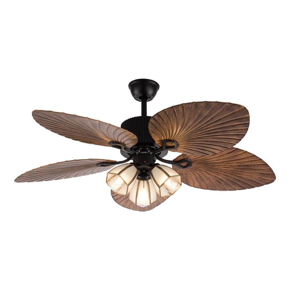 OUKANING 52 in. Indoor Black Modern Ceiling Fan with 5 Brown Tropical Palm Leaf Shaped Blades and Remote, No Bulbs Included