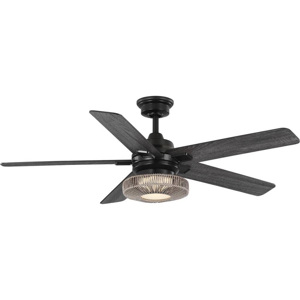 Progress Lighting Schaal 52 in. Indoor/Outdoor Integrated LED Matte Black Coastal Ceiling Fan with Remote for Living Room and Bedroom
