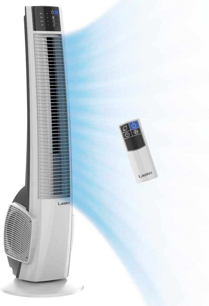 Lasko Hybrid 38 in. 4 Speed Oscillating White Tower Fan with Auto Shut-Off Timer and Remote Control