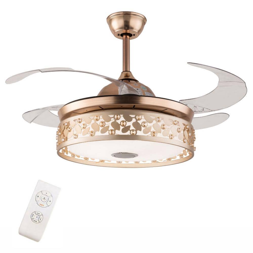 OUKANING 42 in. Integrated LED Indoor Gold Modern 7 Colors Change Retractable Invisible Ceiling Fan with Remote & Music Player