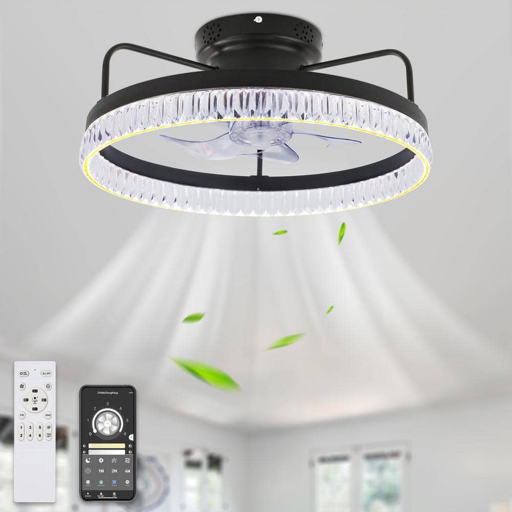 Bella Depot 20 in. LED Indoor Black Low Profile DC Motor Flush Mount Ceiling Fan with Dimmable Light and Smart App Remote