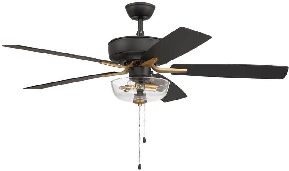 CRAFTMADE Pro Plus 101 52 in. Indoor Flat Black/Satin Brass Finish Dual Mount Ceiling Fan w/Clear Glass Bowl Light Kit Included