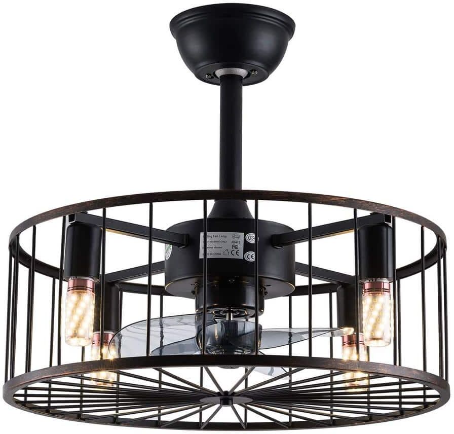 OUKANING 18.5 in. Indoor Rustic Metal Shade Black Caged 3 Gear Wind and Timing Ceiling Fan Light with Remote Control