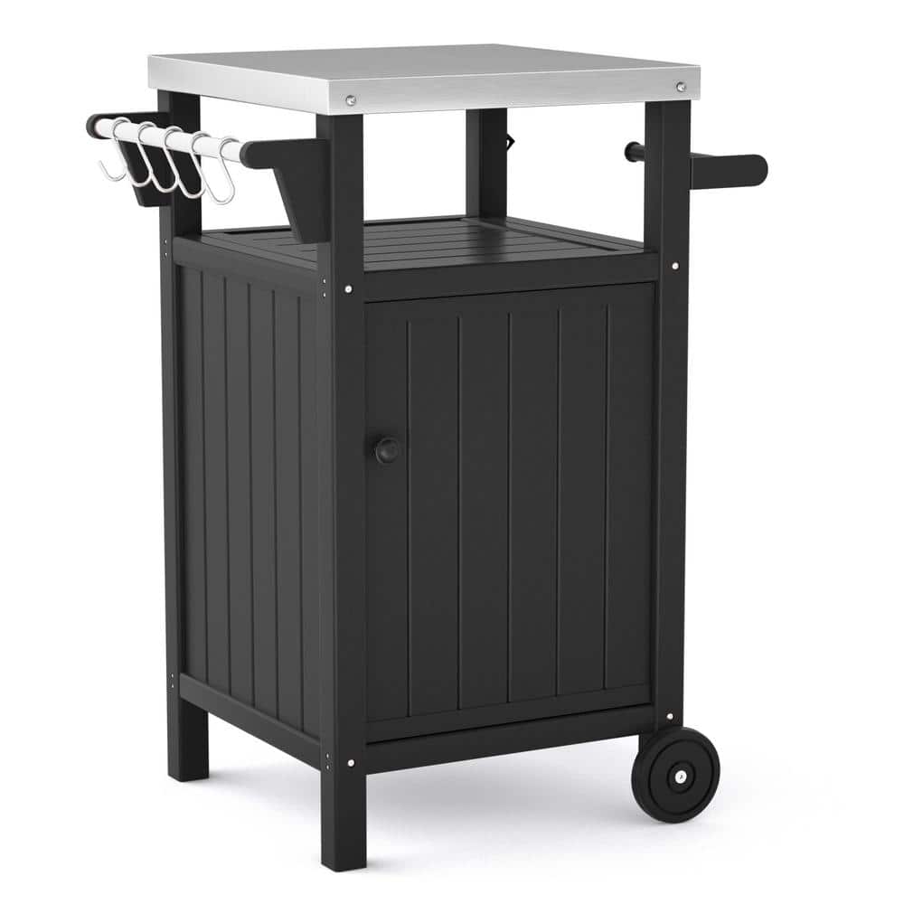 Sudzendf Black Outdoor Stainless Steel Tabletop 1-Door Grill Cart with Wheels, Hooks and Side Shelf