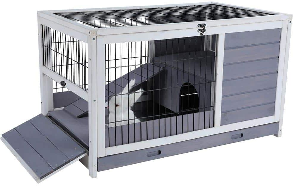 Runesay 35.5 in. Gray Wood Rabbit Hutch Guinea Pig House Leak Proof Design