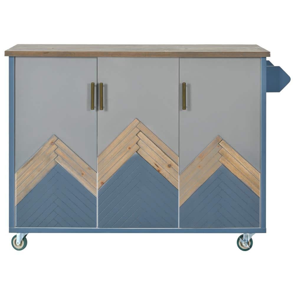 Tileon Navy Blue Wood 51 in. Retro Rolling Kitchen Island with Drop Leaf and Internal Storage Rack for Kitchen, Dining Room