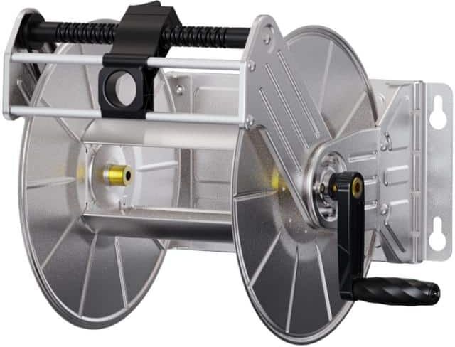 Giraffe Tools Stainless Steel Garden Hose Reel, Heavy-Duty, Wall/Floor Mounted with Crank, 5/8 in. to 150 ft. Hose Capacity