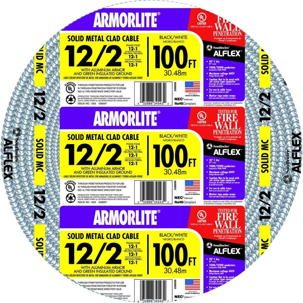 Southwire 100 ft. 12-Gauge/2-Gauge Solid CU MC (Metal Clad) Armorlite Cable