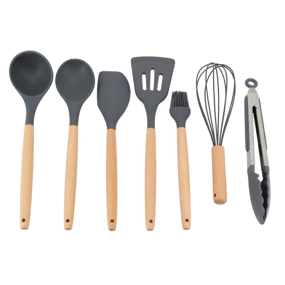 Gibson Holton 7 Piece Silicone Beech Wood Kitchen Tool Set in Grey