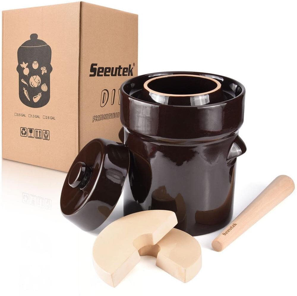 SEEUTEK Brown Fermentation Crock Jar 5-Liter/1.3 Gallon - Stoneware Pot for Fermenting, Pickling Kimchi with Wooden Stick