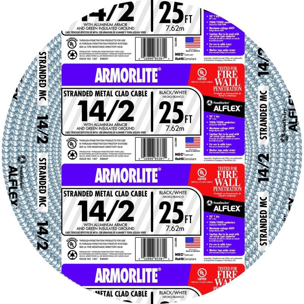 Southwire 14/2 x 25 ft. Stranded CU MC (Metal Clad) Armorlite Cable