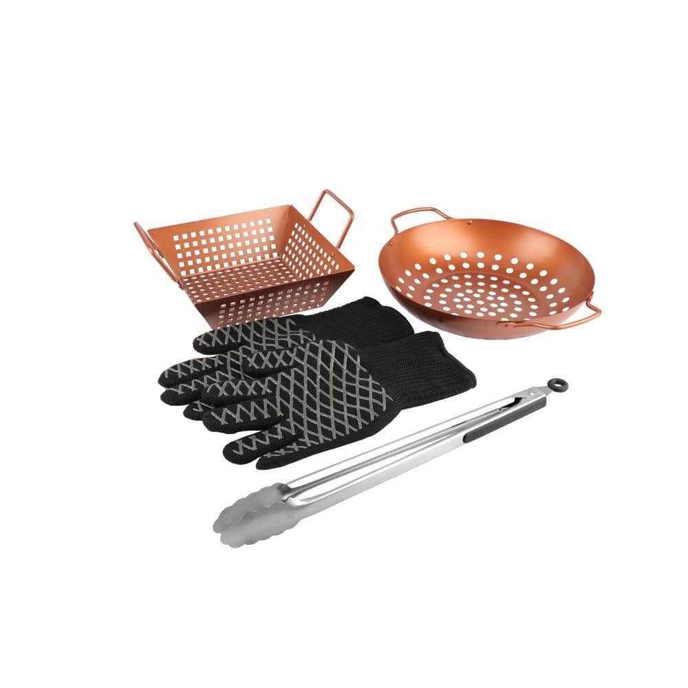 PITMASTER KING Grill Topper BBQ Grilling Copper Pan and Tray 5-Piece Set for Indoor/Outdoor Cooking w/Tongs and Heat Resistant Gloves