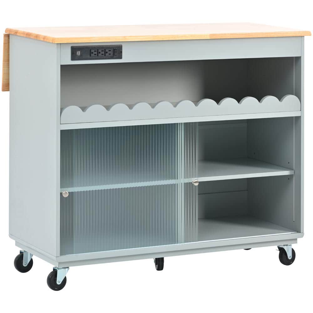 WarmieHomy Kitchen Island with Drop Leaf LED Light Kitchen Cart on Wheels with Power Outlets 2-Sliding Fluted Glass Doors Gray Blue