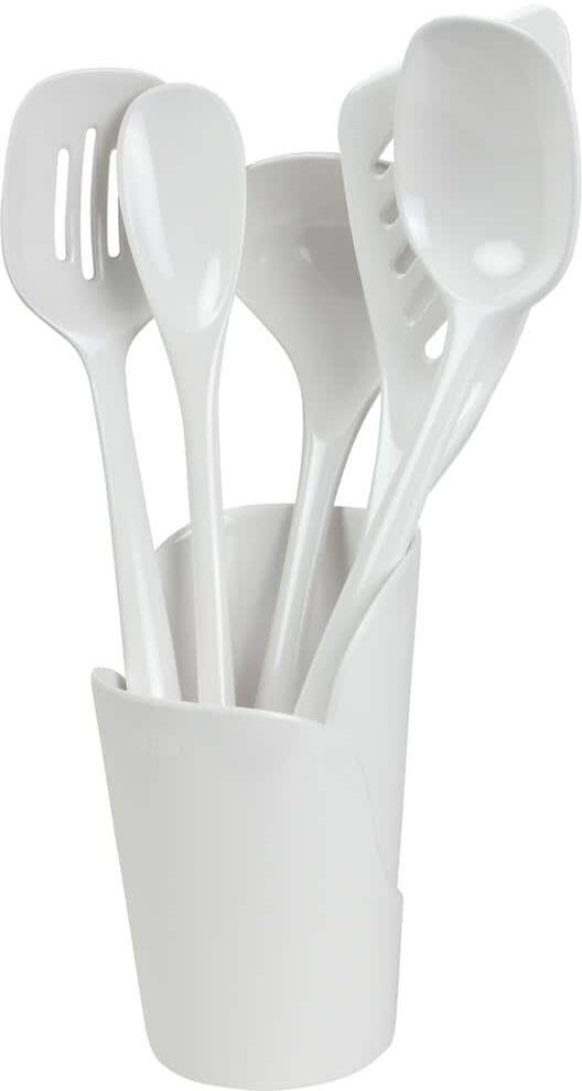 Hutzler Melamine White Utensils and Crock (Set of 6)