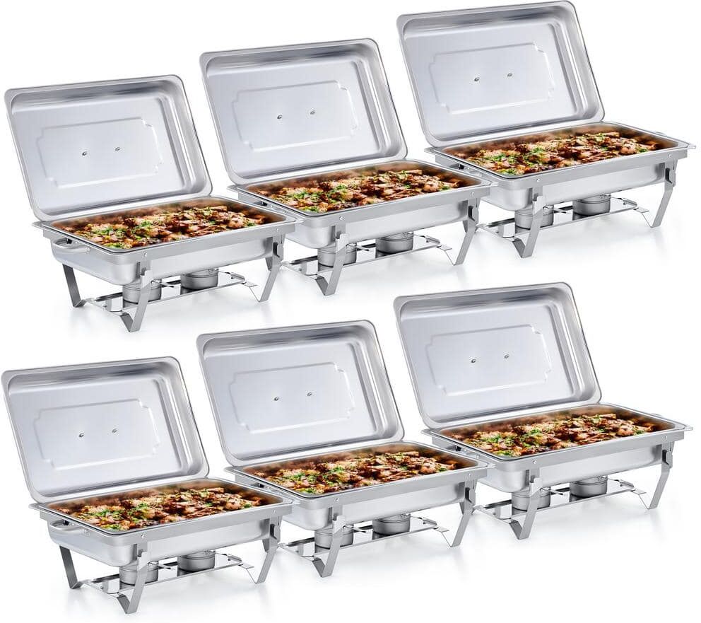 Merra 9.5 qt. Silver Stainless Steel Chafing Dish Buffet Set with Warmers Trays for Parties 6-Packs