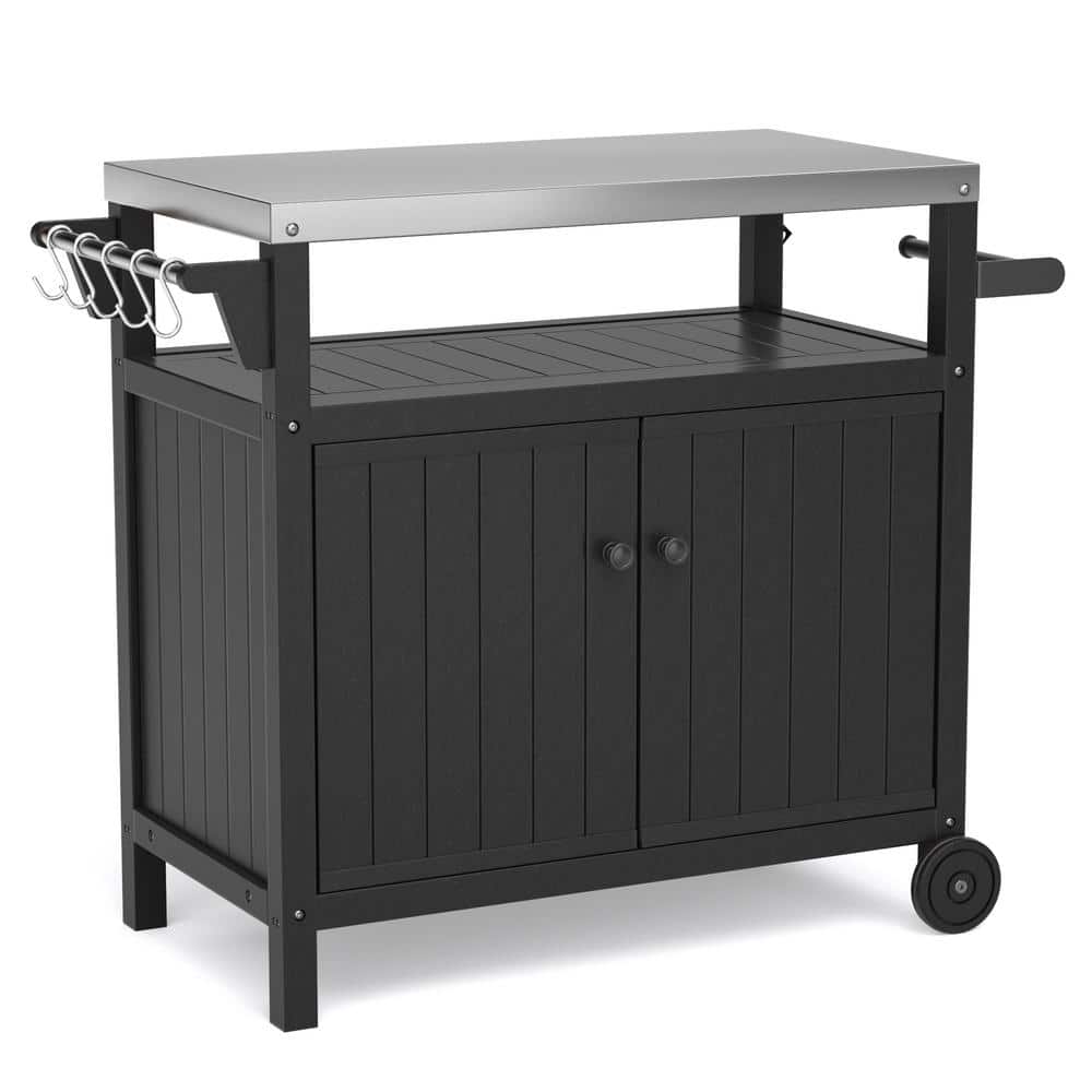 Sudzendf Black Outdoor Stainless Steel Tabletop Grill Cart with Wheels, Hooks and Side Shelf