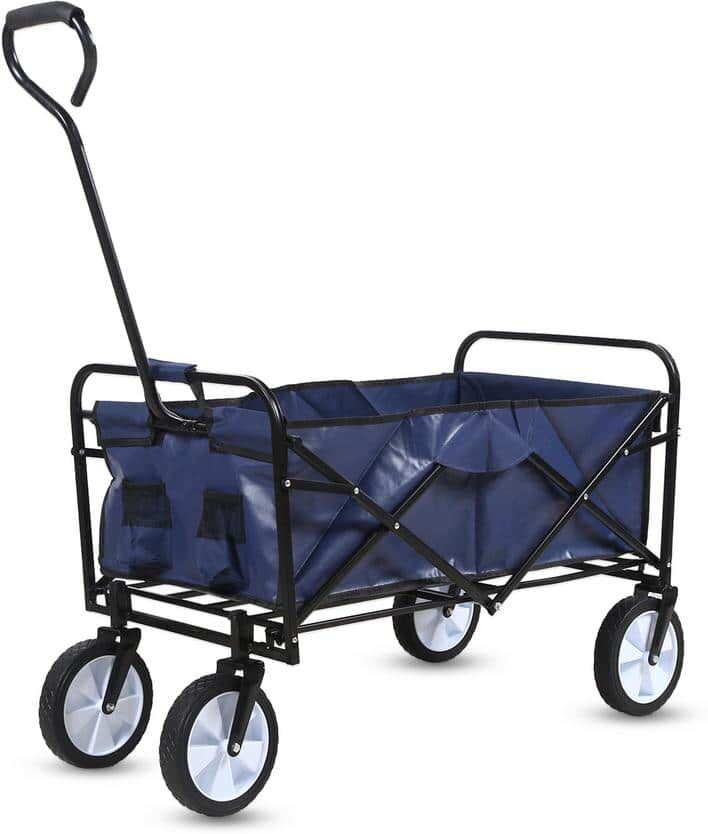 GVODE 8 cu. ft. Blue Steel Rolling Collapsible Garden Cart Camping Wagon with Swivel Wheels and Adjustable Handle