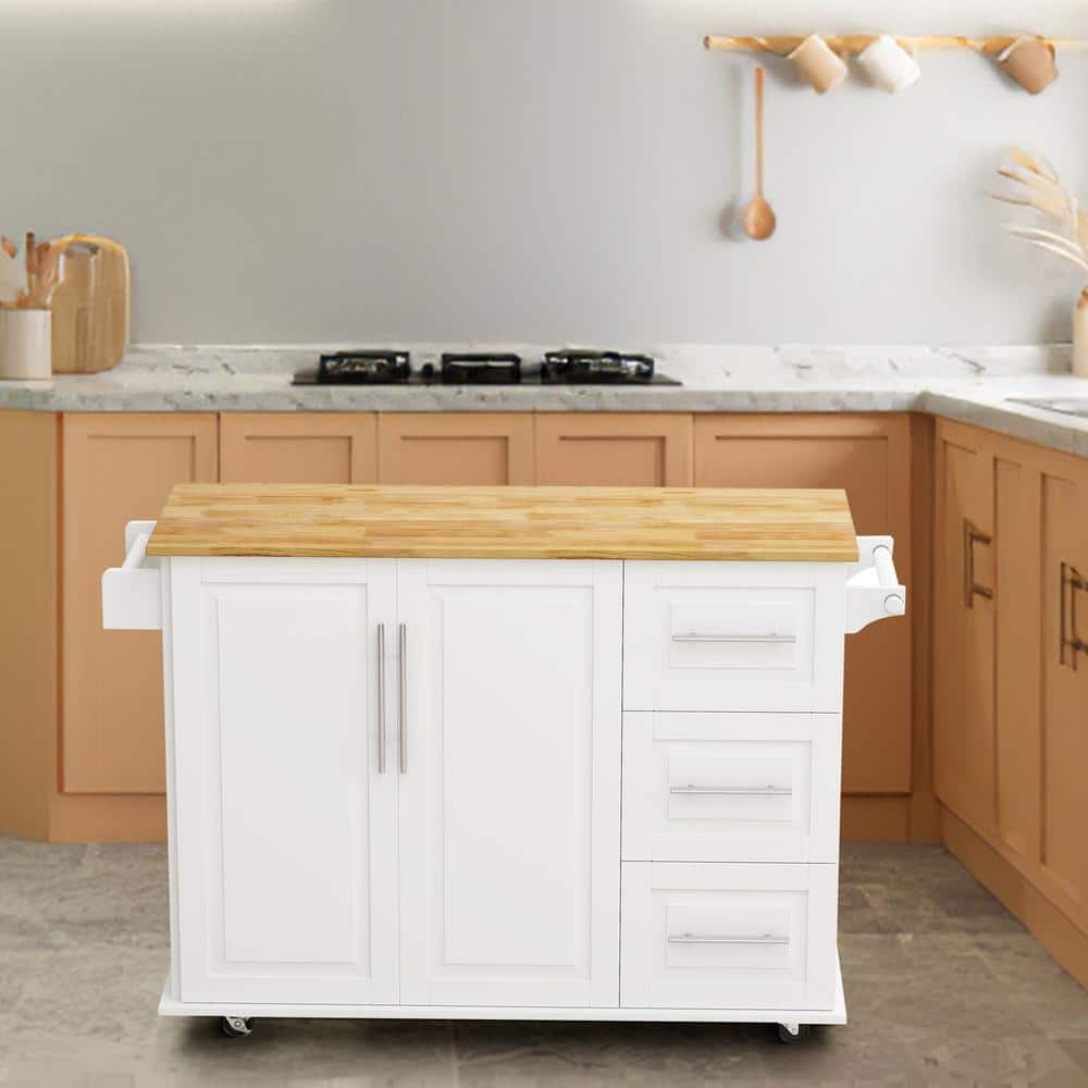 FAMYYT White Rolling Solid Wood Tabletop 43 in. Kitchen Island Cart with Drop-Leaf Countertop