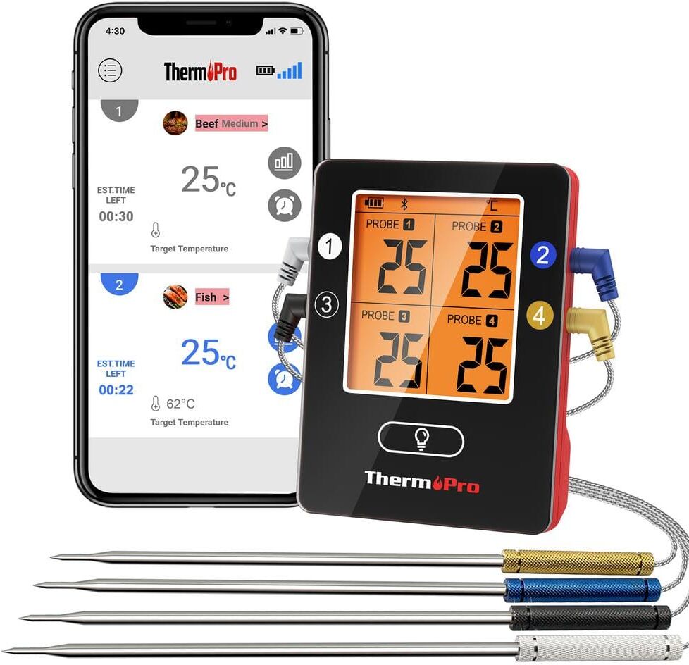 ThermoPro Bluetooth Meat Thermometer with 650FT Wireless Range 4-Probe Smartphone Compatible and Rechargeable