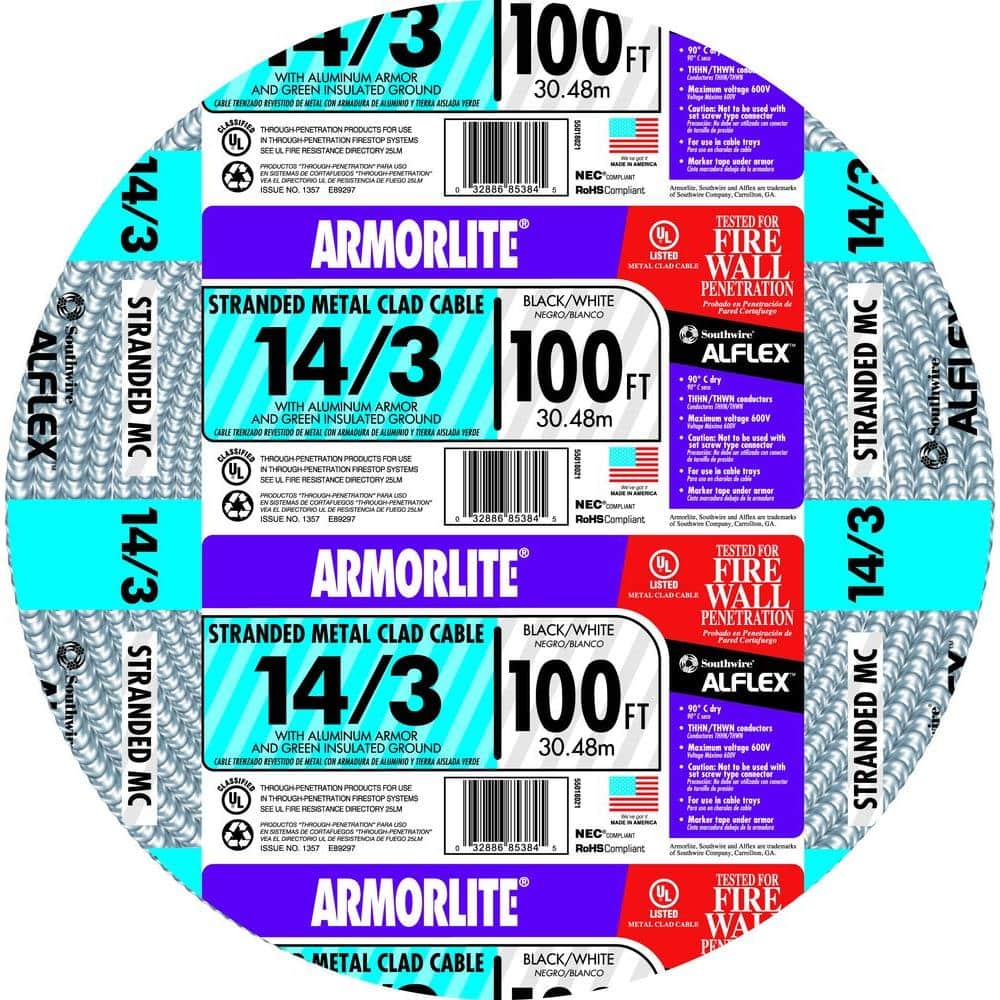 Southwire 14/3 x 100 ft. Stranded CU MC (Metal Clad) Armorlite Cable