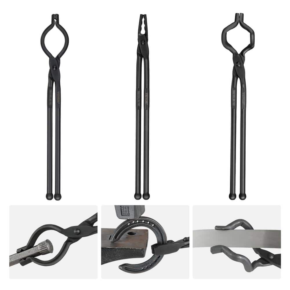 VEVOR Blacksmith Tongs, 18 in. 3-Pieces V-Bit Bolt Tongs, Wolf Jaw Tongs and Z V-Bit Tongs, Carbon Steel Forge Tongs