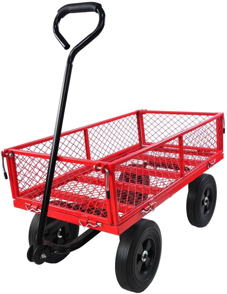 3.5 cu.ft. Steel Garden Cart, Utility Tools Cart Wagon Cart with 10'' Solid Tires and Removable Sides, Red