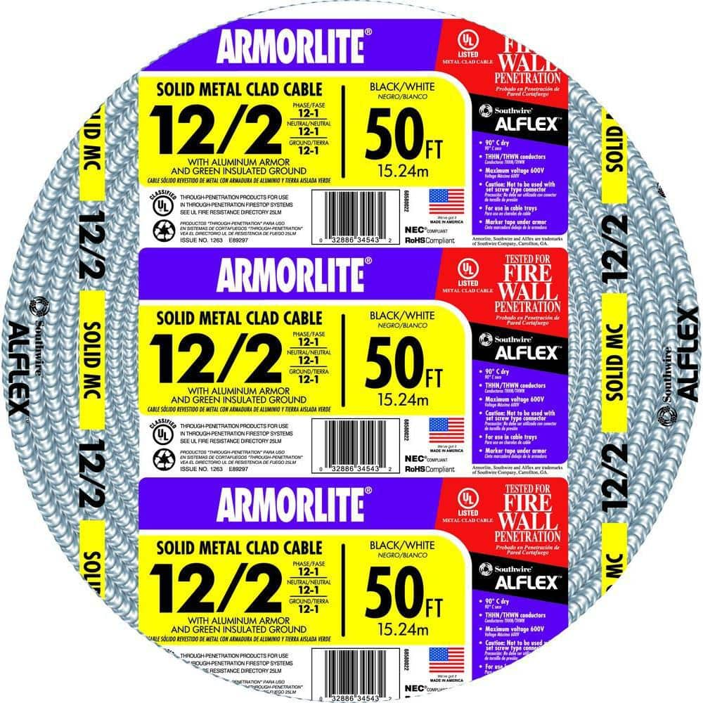 Southwire 12/2 x 50 ft. Solid CU MC (Metal Clad) Armorlite Cable