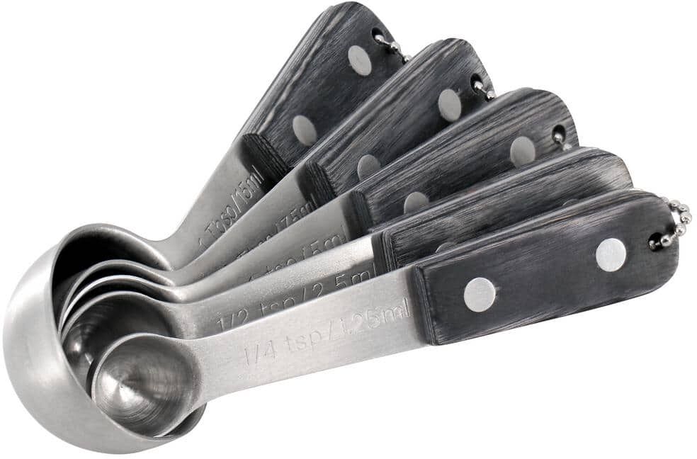 Oster Blakeley 5-Piece Stainless Steel Measuring Spoon Set in Dark Gray with Wood Handles