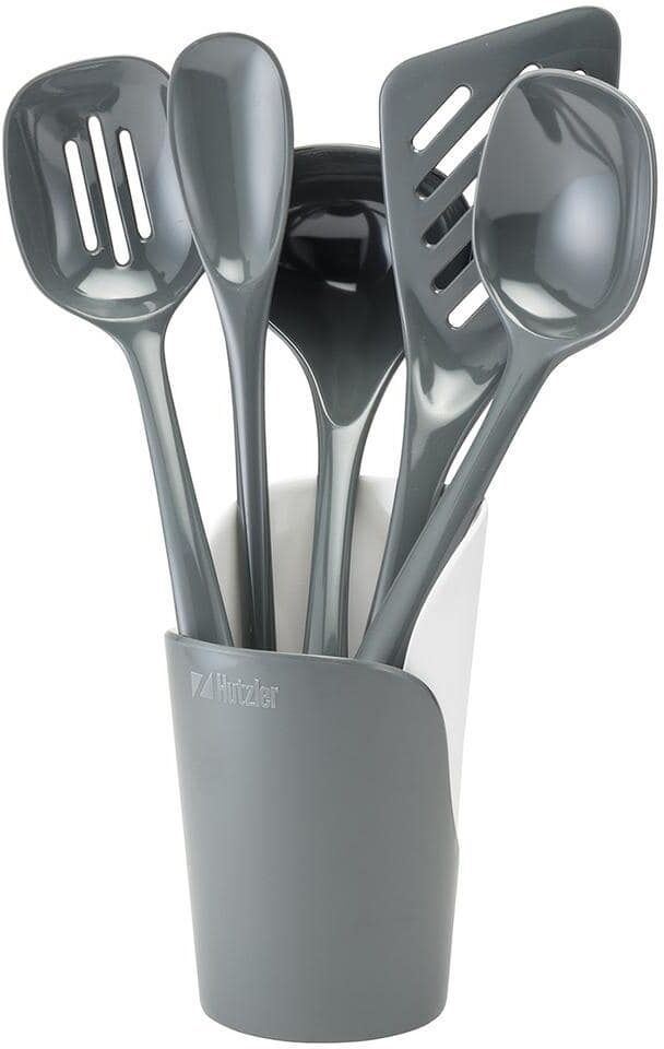 Hutzler Melamine Gray Utensils and Crock (Set of 6)