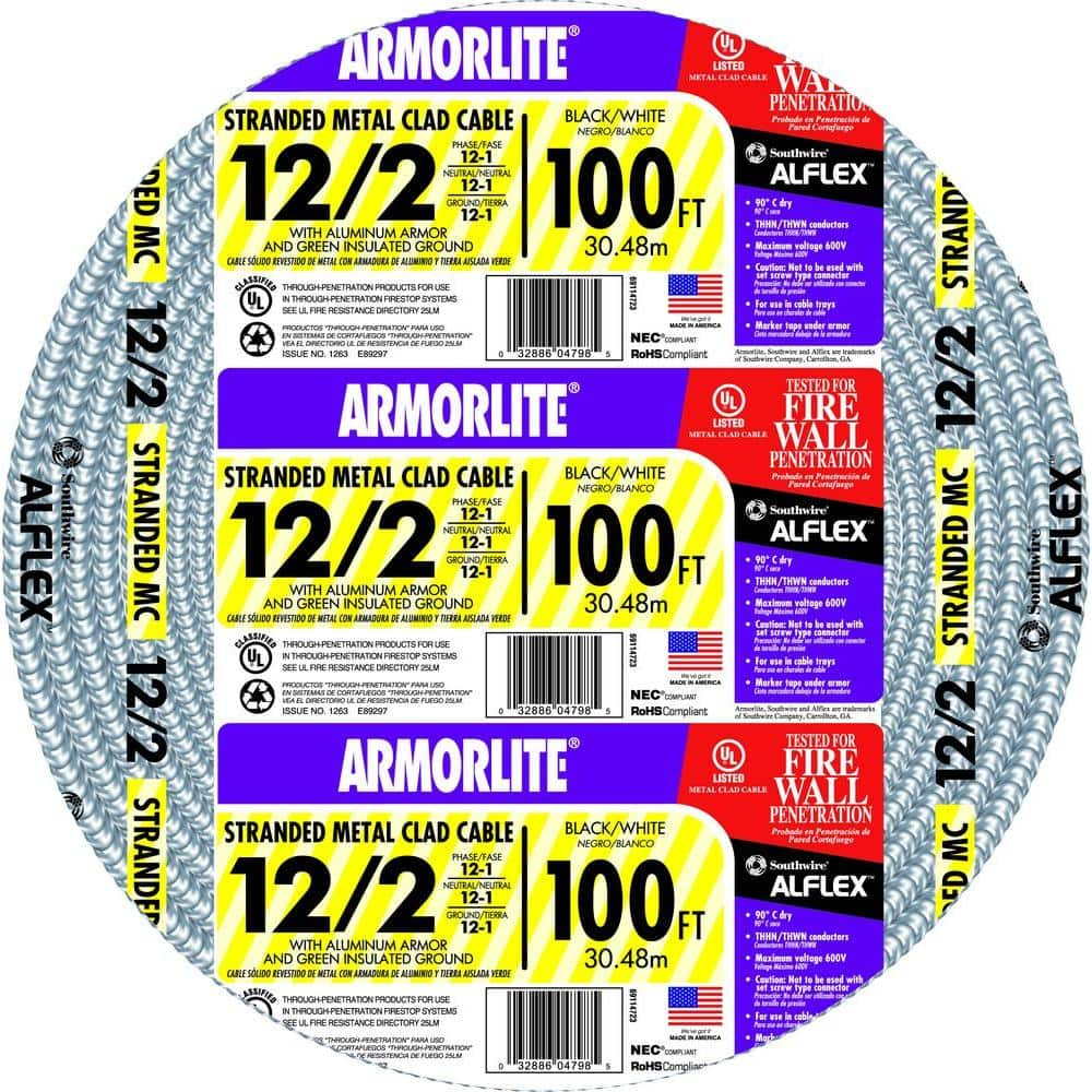 Southwire 12/2 x 100 ft. Stranded CU MC (Metal Clad) Armorlite Cable