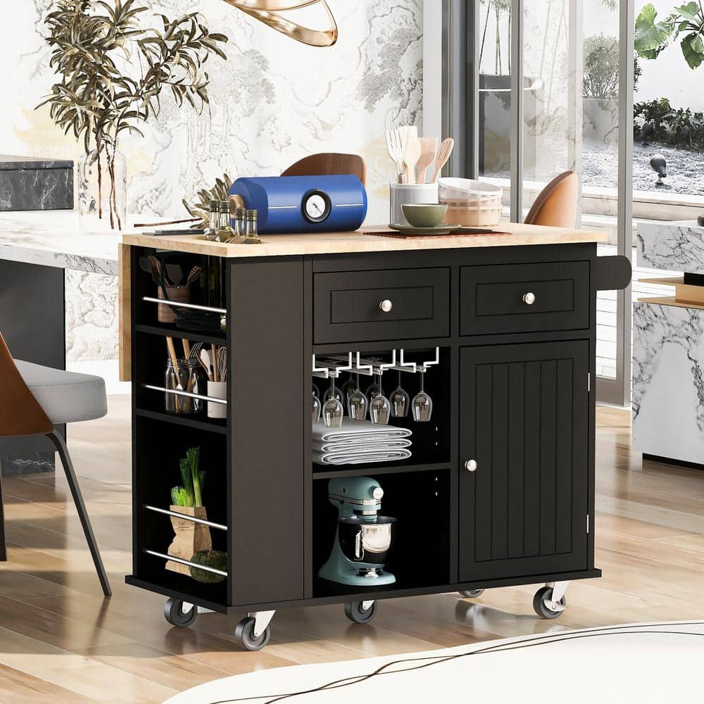 Zeus & Ruta Black Rubber Wood 40 in. Kitchen Island Shop Kitchen Cart on 5 Wheels Tabletop with Trailer Adjustable Storage