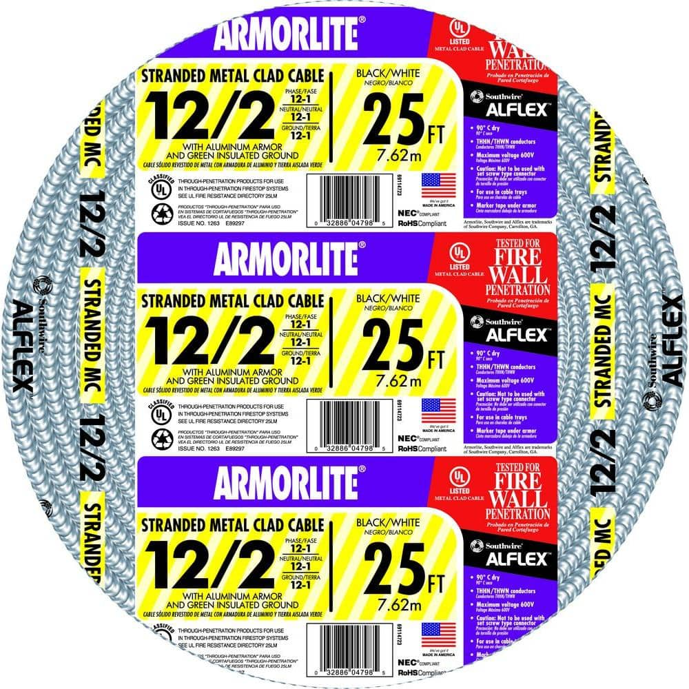 Southwire 12/2 x 25 ft. Stranded CU MC (Metal Clad) Armorlite Cable