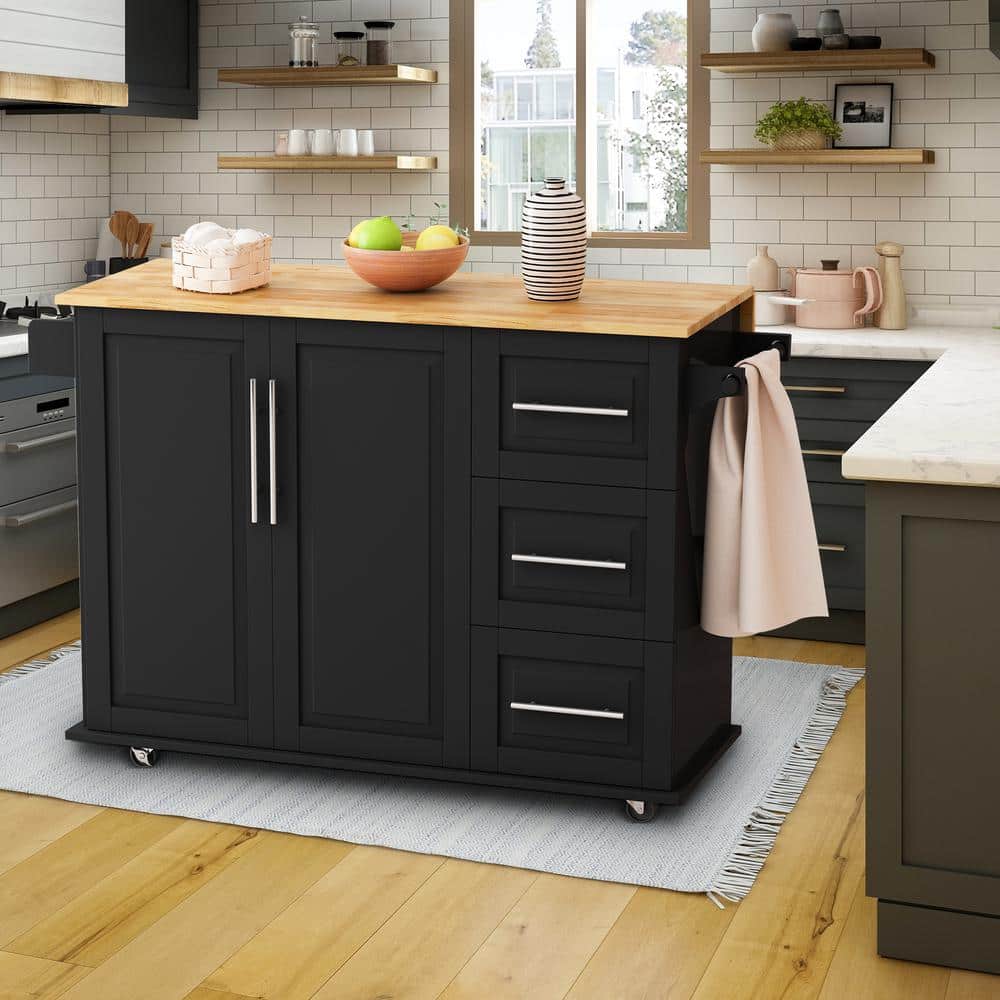 FAMYYT Black Rolling Solid Wood Tabletop 43 in. Kitchen Island Cart with Drop-Leaf Countertop