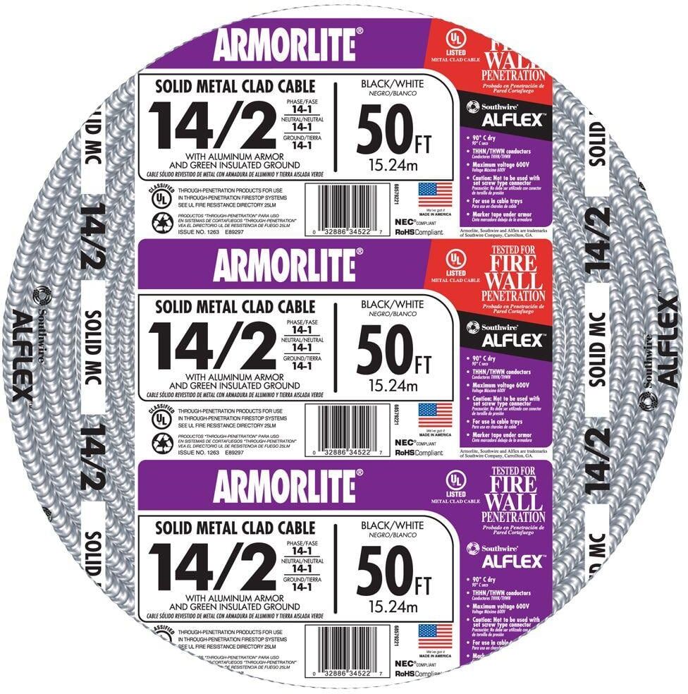 Southwire 14/2 x 50 ft. Solid CU MC (Metal Clad) Armorlite Cable