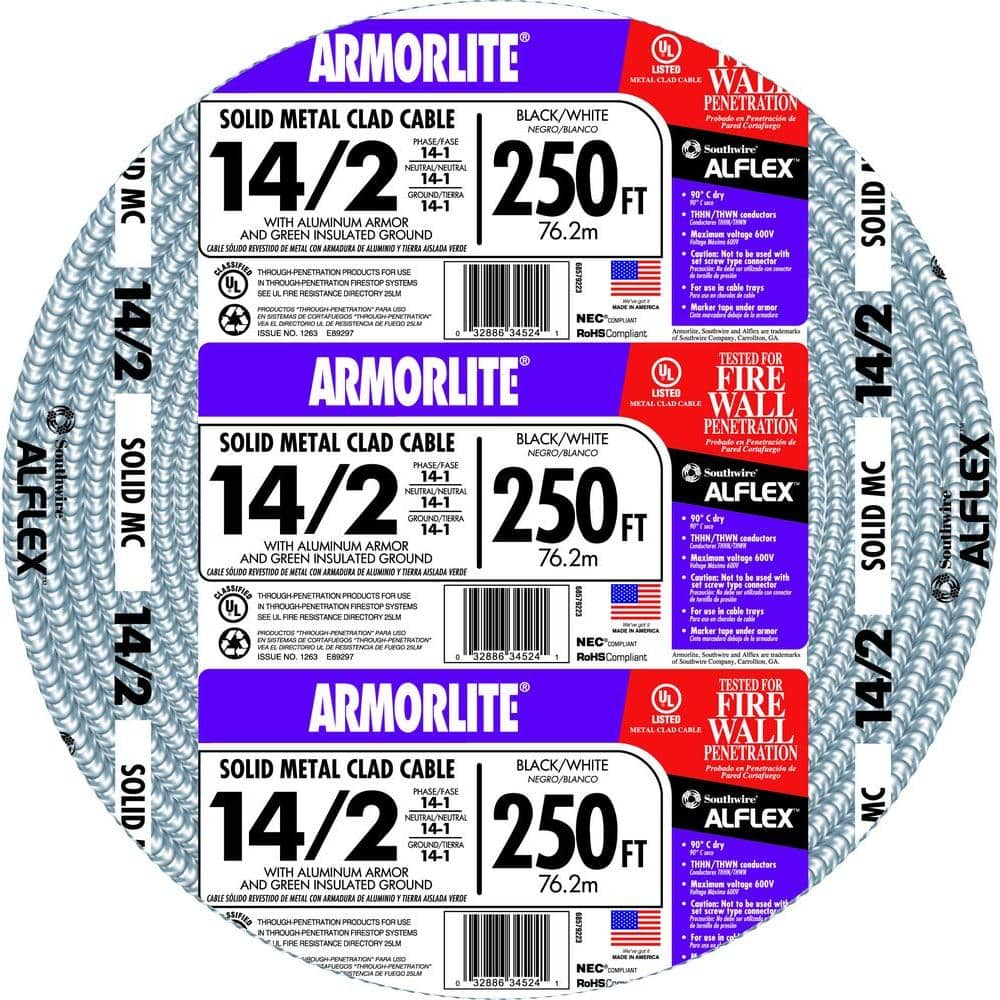 Southwire 14/2 x 250 ft. Solid CU MC (Metal Clad) Armorlite Cable