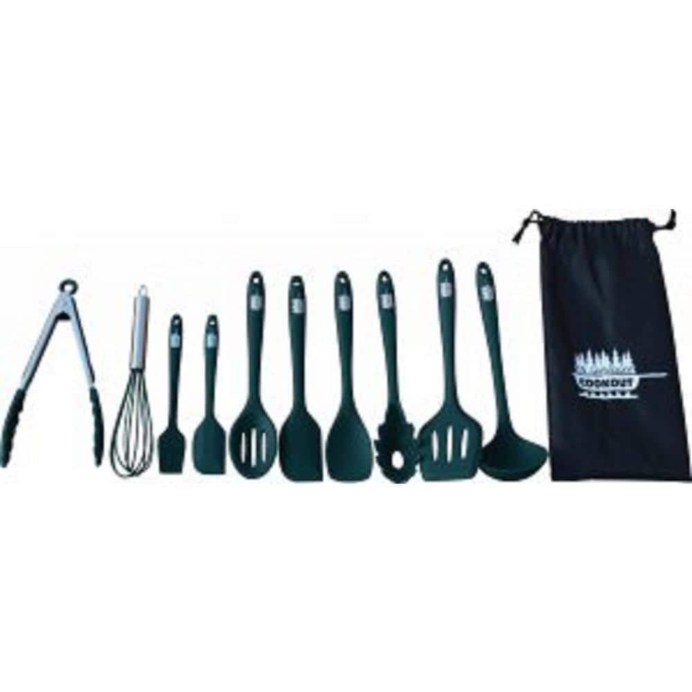King Kooker Mr. Outdoors Cookout 10-Pieces Green Silicone Coated Utensil Set with Carry Bag