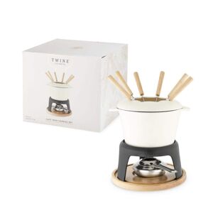 Twine Enamel Cast Iron Fondue Set Cheese Melting Pot Metal Stand with Stainless Steel Forks and Chrome Gel Burner, Off-Cream