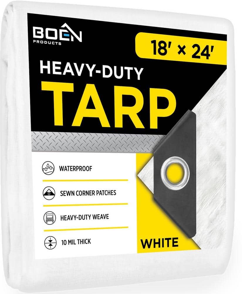 BOEN 18 ft. x 24 ft. White Poly Heavy-Duty Waterproof, Tarpaulin Great Tarp Cover for Canopy Tent, Boat, RV