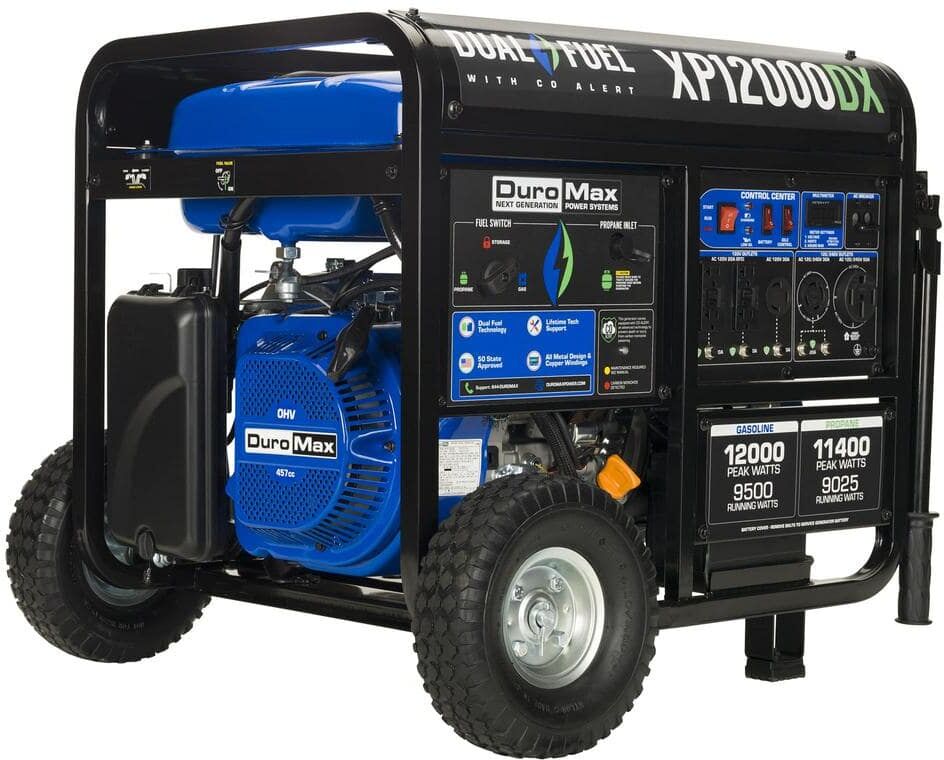 DUROMAX 12,000/9,500-Watt 457 cc Electric Start Dual Fuel Gas Propane Portable Home Power Back Up Generator with CO Alert