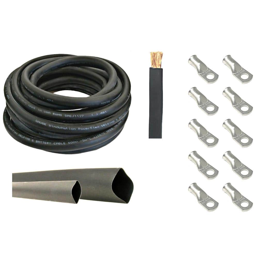 WindyNation 1/0-Gauge 10 ft. Black Welding Cable Kit Includes 10-Pieces of Cable Lugs and 3 ft. Heat Shrink Tubing