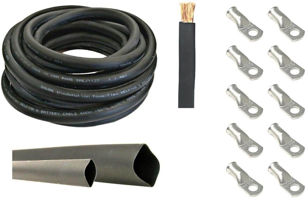 WindyNation 1/0-Gauge 20 ft. Black Welding Cable Kit Includes 10-Pieces of Cable Lugs and 3 ft. Heat Shrink Tubing